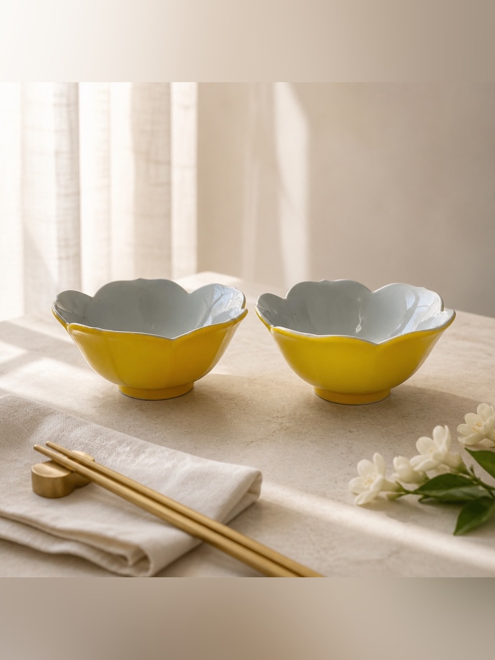 Japanese Set of 2 Yellow lotus porcelain bowls white interior Black Speckled